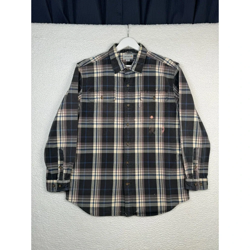 Carhartt Flannel Button Up Plaid Shirt - Men's L - Faded Distressed- Black Brown
